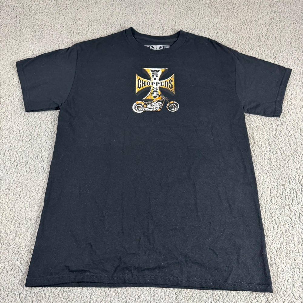 West Coast Choppers Jesse James Mens Black Graphic T-Shirt Iron Cross Flames M